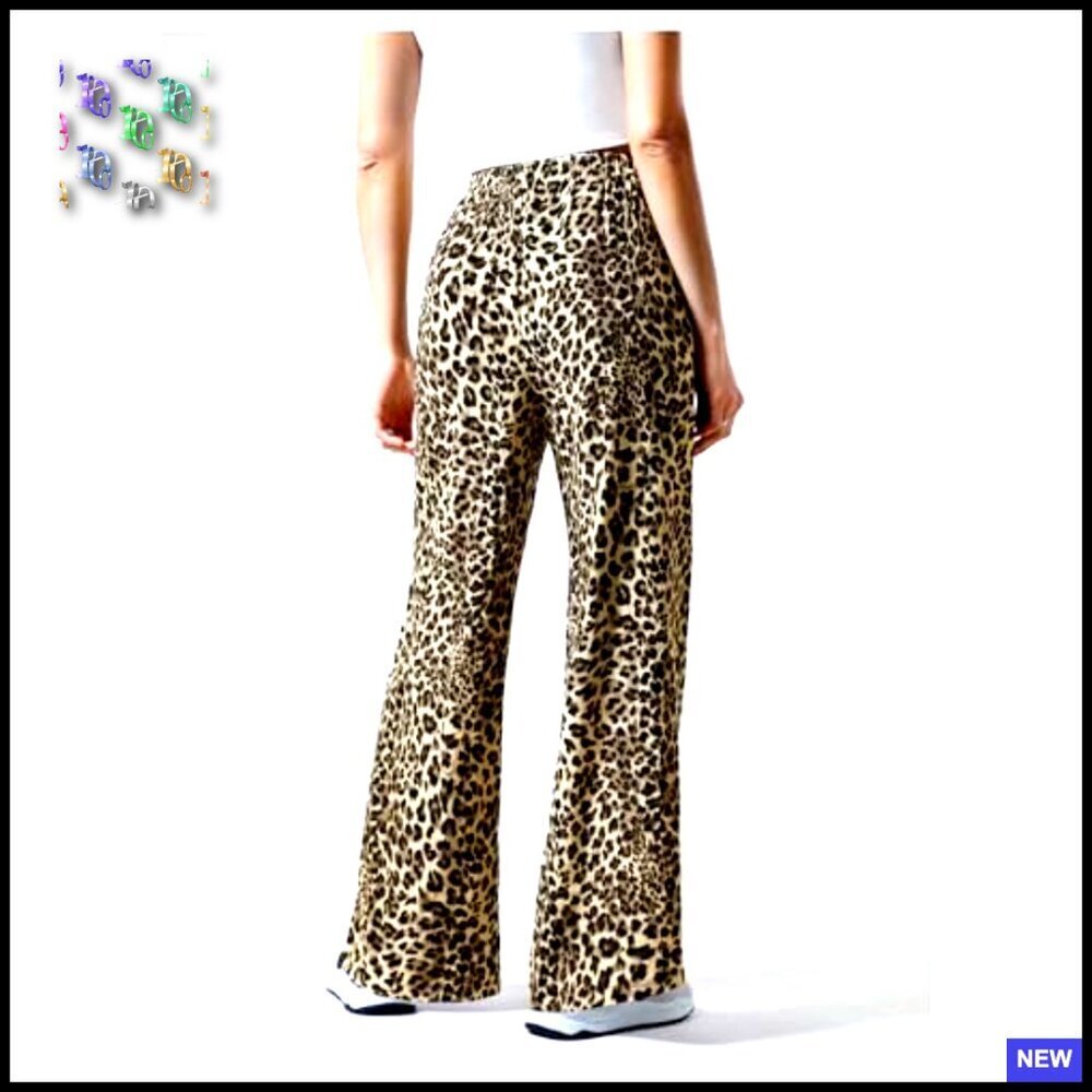 Leopard Print Wide Leg Trousers Drawstring Waist Tie Front Chic Casual - Picture 2 of 5